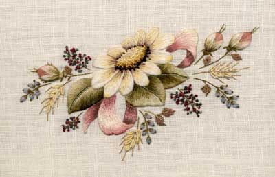 From Trish Burr's new book on Crewel and Surface Embroidery, worked in a combination of wools, silk, and cotton