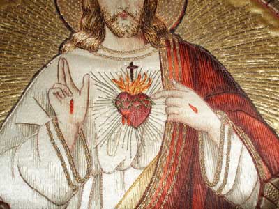 Ecclesiastical Embroidery: Sacred Heart image worked in gold metal threads and silk