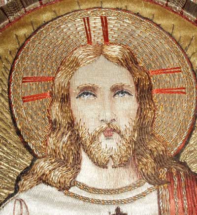 Ecclesiastical Embroidery: Sacred Heart image worked in gold metal threads and silk