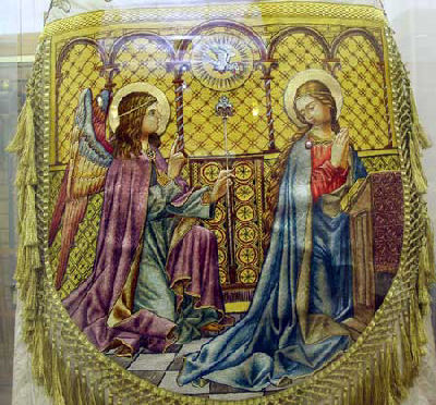 Hand embroidered cope, Annunciation scene