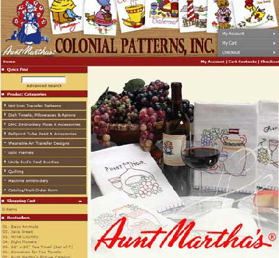 Colonial Patterns website offers a full range of Aunt Martha Iron-on Embroidery transfers