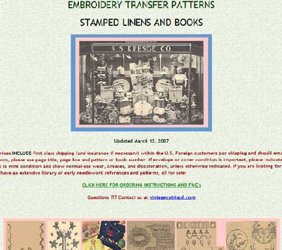 Vintage embroidery transfers, patterns, stamped linens, and books page