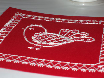 Hand Embroidered Card: a Schwalm-ish Chicken on Red Cardstock