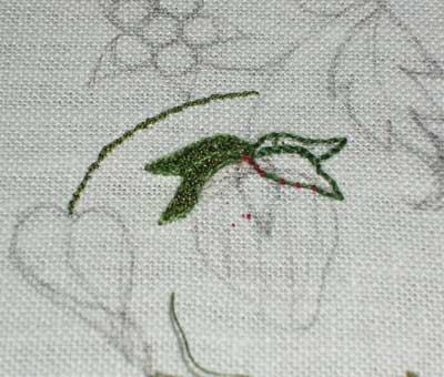 Strawberry and vine embroidered with Gilt Sylke Twist and other threads