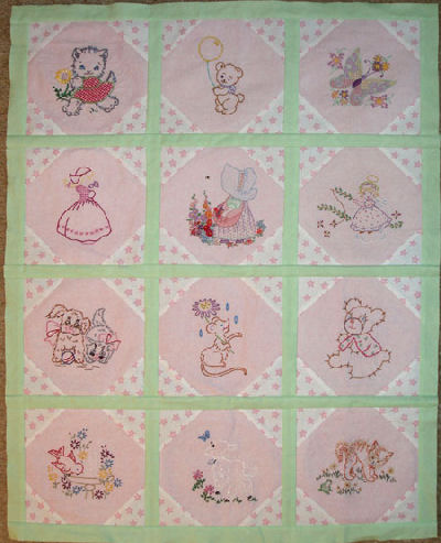 Flannel Baby Quilt with Hand Embroidered Squares