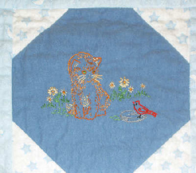 Embroidered Baby Quilt in flannel - kitten and bird