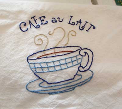 Hand Embroidered Dish Towel with Coffee Cup Design