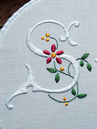 Hand Embroidered Monograms in Whitework and Color