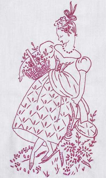 Redwork Embroidery: Lady with Basket and Flowers