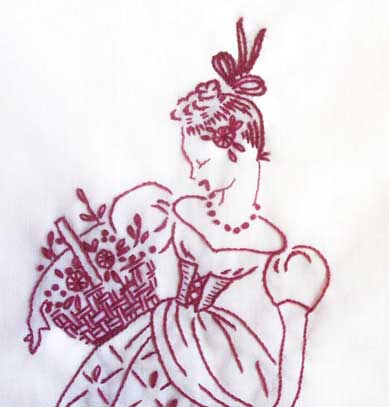 Redwork Embroidery: Lady with Basket and Flowers
