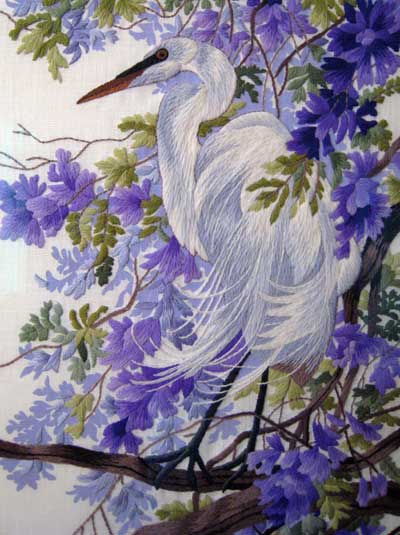 Reader's Embroidery: Crewel Work Bird in Whites and Purples