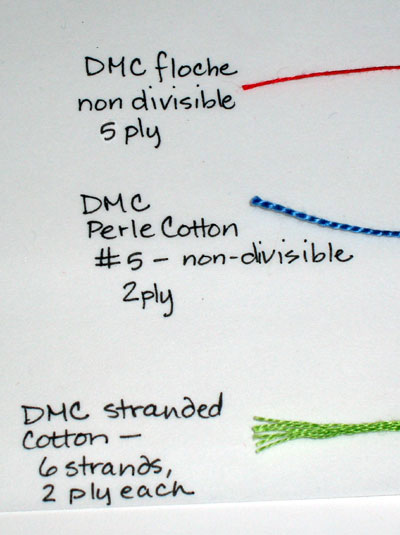 Thread Comparisons - Cotton Embroidery Threads: DMC Stranded Cotton, Perle #5, and Floche