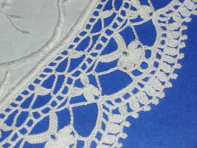 Whitework on Linen Table Topper, with Crocheted Lace Edge