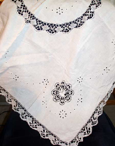 Whitework tablecloth with needlelace inserts