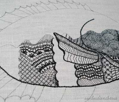 Blackwork Fish embroidered in various weights of black silk thread