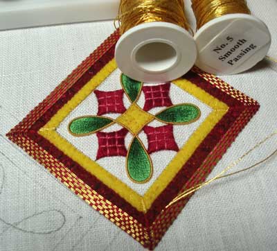 Hand Embroidered Christmas Ornament, 2008, in silk shading and goldwork