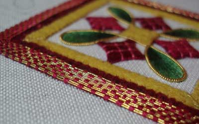 Hand Embroidered Christmas Ornament, 2008, in silk shading and goldwork