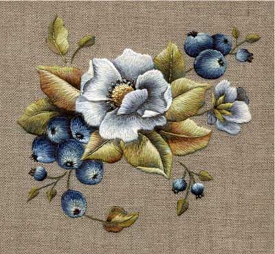 Flower design by Trish Burr, featured in her new book, Crewel and Surface Embroidery, worked in a combination of wool, silk, and cotton