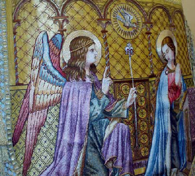 Hand embroidered cope, Annunciation scene detail