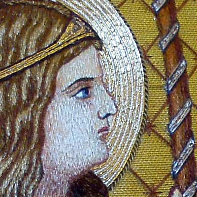 Hand embroidered cope, Annunciation scene detail