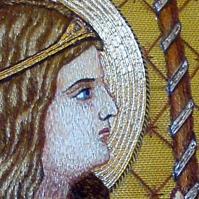 Hand embroidered cope, Annunciation scene detail