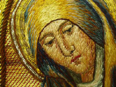 Chasuble with hand-embroidered Crucifixion scene - Our Lady of Sorrows close-up