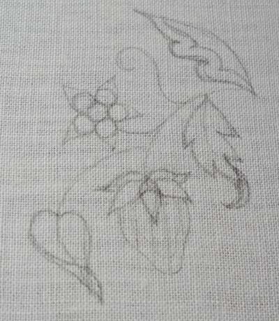 Strawberry and vine embroidered with Gilt Sylke Twist and other threads