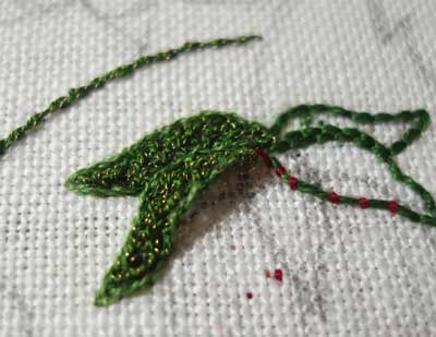 Strawberry and vine embroidered with Gilt Sylke Twist and other threads