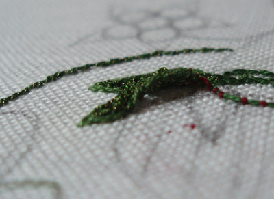 Strawberry and vine embroidered with Gilt Sylke Twist and other threads