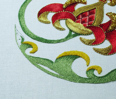 Goldwork Pomegranate Project: Finishing the Silk Embroider and the Chip Work on the Stem