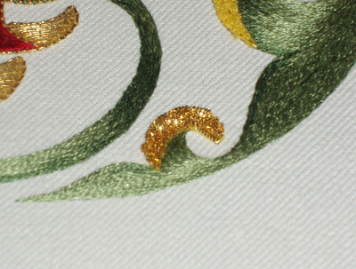 Goldwork Pomegranate Project: Finishing the Silk Embroider and the Chip Work on the Stem