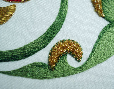 Goldwork Pomegranate Project: Finishing the Silk Embroider and the Chip Work on the Stem