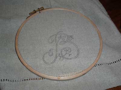 White Hand Embroidered Monogram on Oatmeal Linen Guest Towel