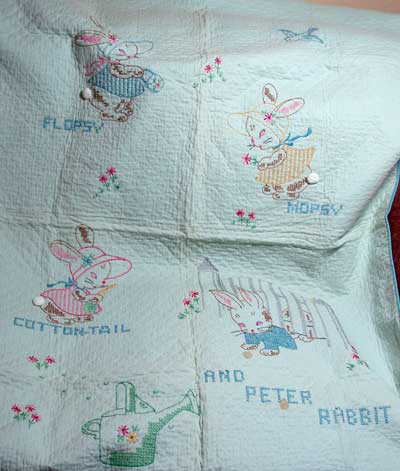 Vintage Embroidered Baby Quilt: Peter Rabbit and Company