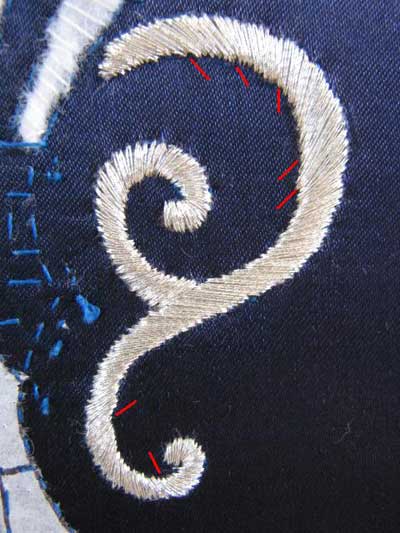 Satin Stitching with Metal Threads: Fleur-de-lis in silver thread on blue silk ground