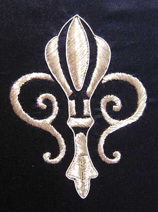 Satin Stitching with Metal Threads: Fleur-de-lis in silver thread on blue silk ground