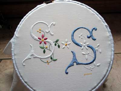 Hand Embroidered Monograms in Whitework and Color