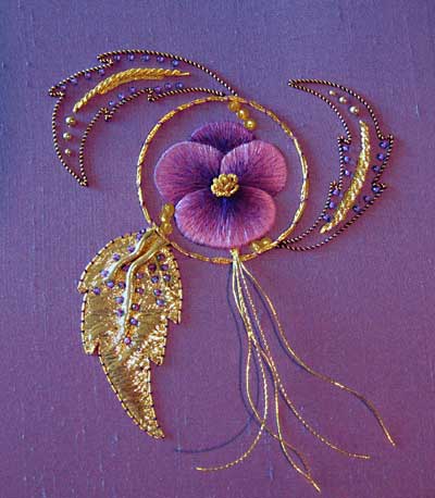 Goldwork and silk shading pansy from Royal School of Needlework course, stitched by Margaret Cobleigh