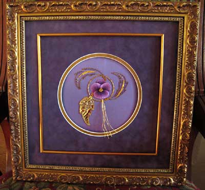Goldwork and silk shading pansy from Royal School of Needlework course, stitched by Margaret Cobleigh