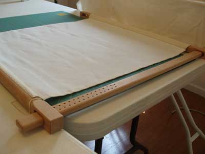 Dressing a Slate Frame in Preparation for a Big Embroidery Project