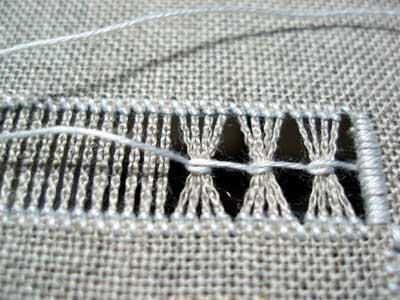 Drawn Thread Embroidery: Bunching threads together with a chain loop