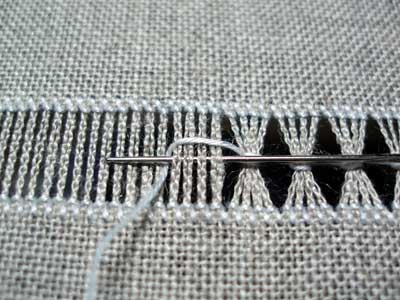 Drawn Thread Embroidery: Bunching threads together with a chain loop