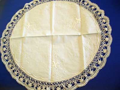Whitework on Linen Table Topper, with Crocheted Lace Edge
