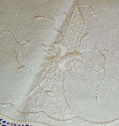 Whitework on Linen Table Topper, with Crocheted Lace Edge