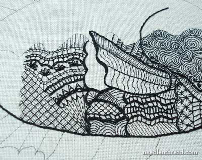 Blackwork Fish embroidered in various weights of black silk thread
