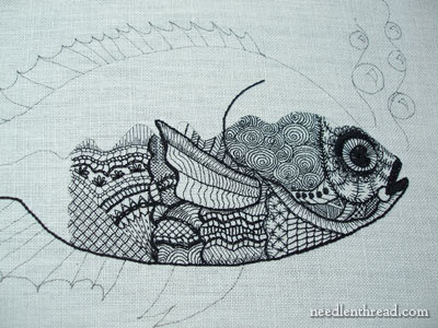 Blackwork Fish embroidered in various weights of black silk thread