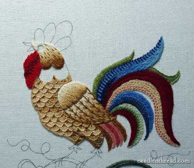 Crewel Embroidery: Rooster embroidered in wool threads