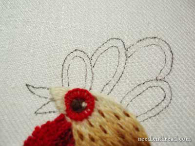 Crewel Embroidery: Rooster embroidered in wool threads