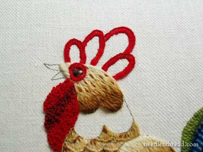 Crewel Embroidery: Rooster embroidered in wool threads