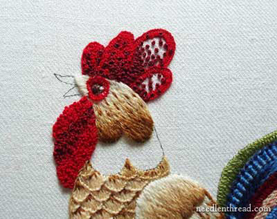 Crewel Embroidery: Rooster embroidered in wool threads